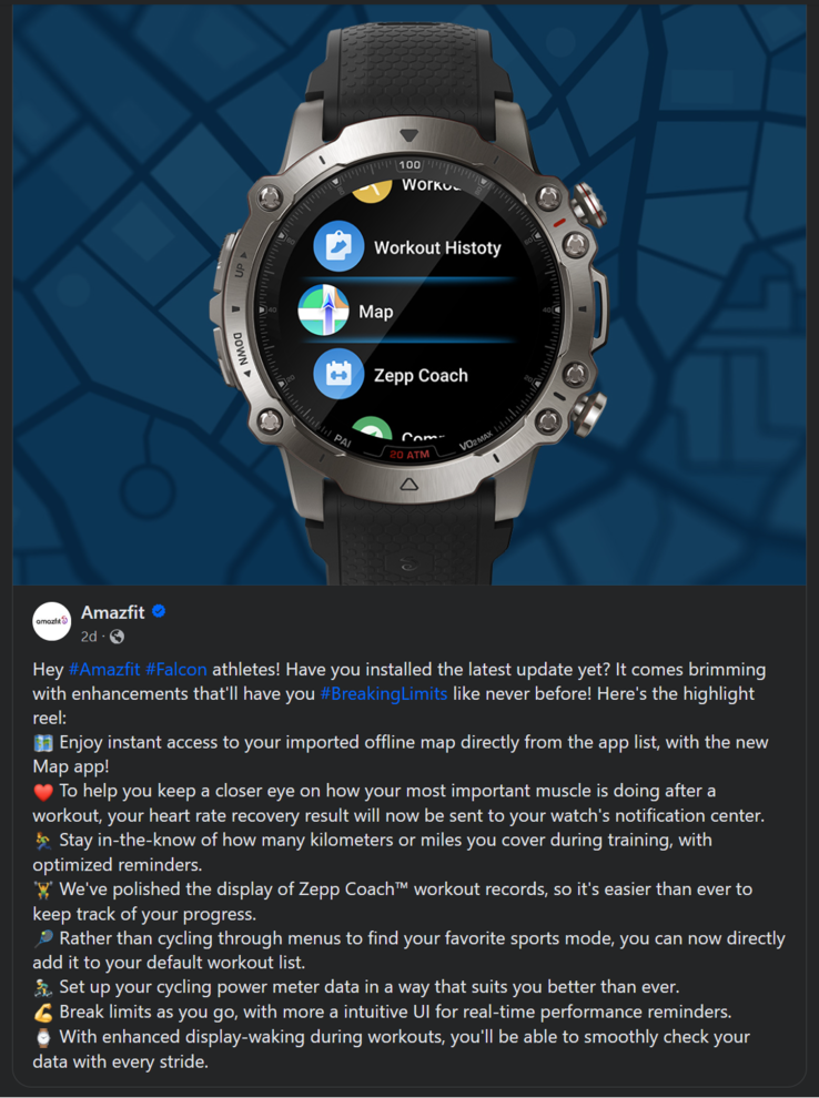 The change log for the latest update for the Amazfit Falcon smartwatch. (Image source: Amazfit)