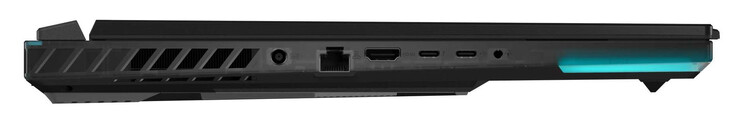 Left side: power, Gigabit Ethernet (2.5 Gbit), HDMI, Thunderbolt 4 (USB-C; DisplayPort, G-Sync), USB 3.2 Gen 2 (USB-C; Power Delivery, DisplayPort), audio combo port