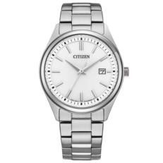 Citizen BM1350-54A Eco-Drive dress watch with a silver-white dial, applied baton indices, Dauphine hands, date window at 3 o'clock, and stainless steel integrated bracelet.