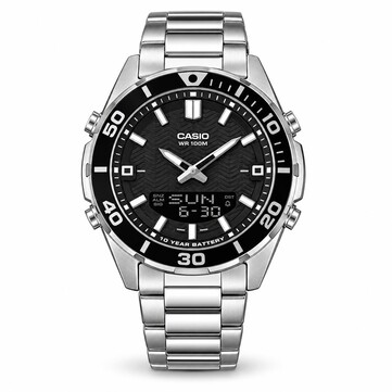 Black analog-digital watch featuring a round resin case, stainless steel bracelet, black bezel with white minute markings, luminous hour markers, and a rectangular digital display at six o’clock.