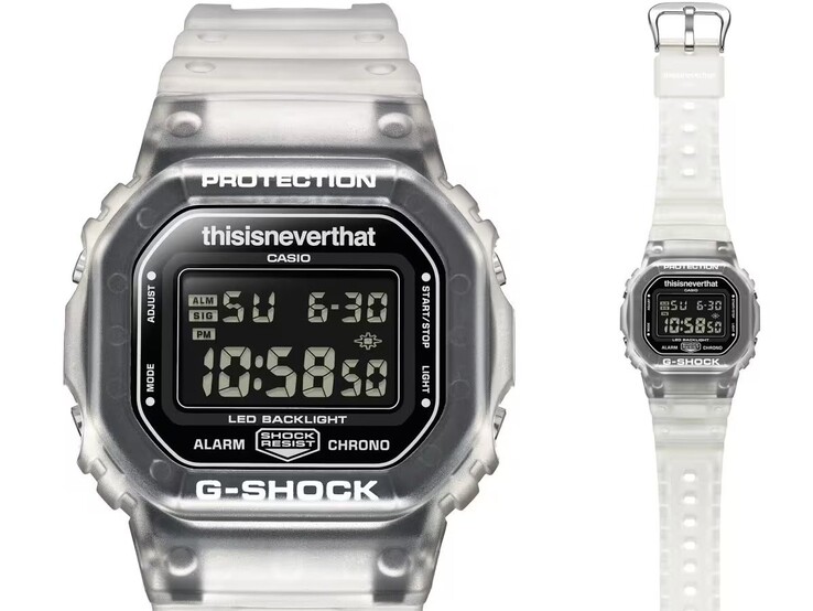 Front view of the Casio G-Shock DW-5600TNT-7 showing its inverted LCD display and translucent bezel.