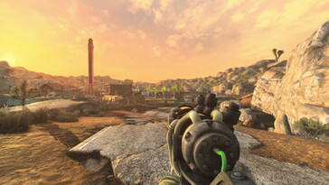 Image from Long 15 - NCR Expansion showing the same city in FPS view. (Image source: ToxicWhiteout - Nexus Mods)