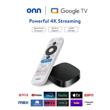 The Onn 4K Plus comes with a voice remote but it doesn't have backlit keys like the one bundled with the pro model. (Image source: Walmart)