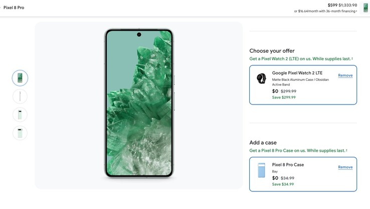 The deal also includes a free Pixel Watch 2 LTE and a Pixel 8 Pro case. (Image source: Google Store)