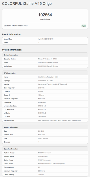 RTX 5060 laptop Geekbench OpenCL score (image source: Geekbench)