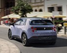 A rear shot of the Nio Firefly taking a sharp turn on asphalt