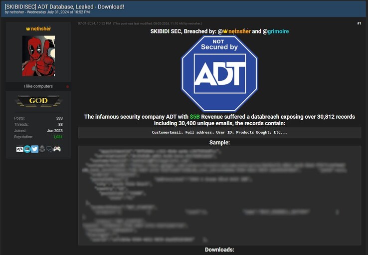 Purported hackers @netnsher and @grimoire showing a sample of the stolen data on a cybercrime forum. (Image source: BleepingComputer)