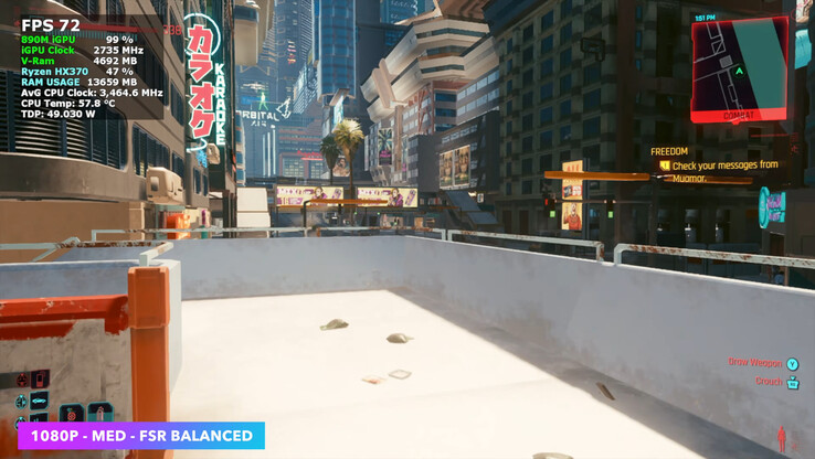 Cyberpunk 2077 runs at a stable 70 FPS average at medium settings with FSR Balanced on the AceMagic Retro X5.