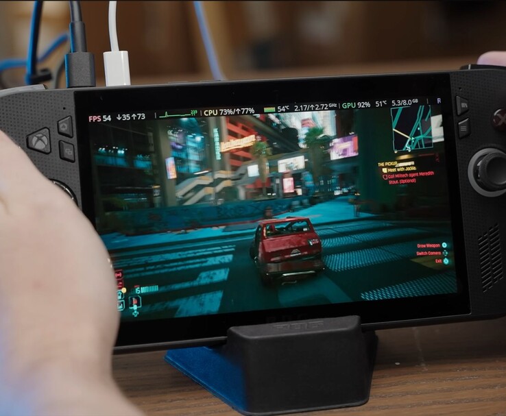 ASUS ROG Ally X running Cyberpunk 2077, showing in-game performance metrics like FPS, CPU, and GPU usage on screen. (Image source: Dawid Does Tech Stuff)