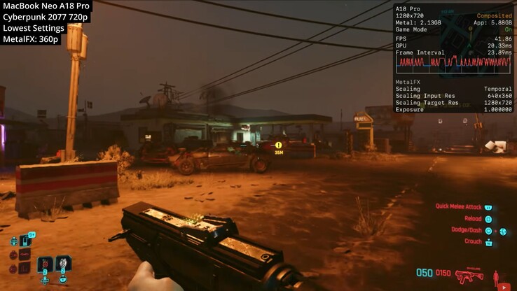 Cyberpunk 2077 running on Apple MacBook Neo.