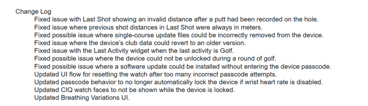 The release notes for system software 6.58 for the Garmin Approach S44 and S50 watches. (Image source: Garmin)