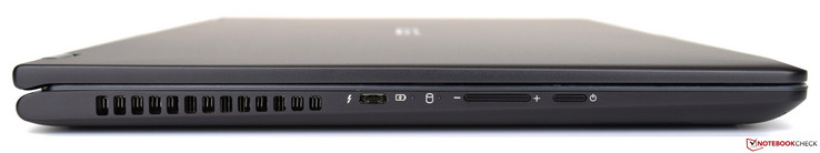 Left: ventilation slits, 1x USB 3.1 Type-C Gen 2, status LEDs, volume rocker, power-on switch