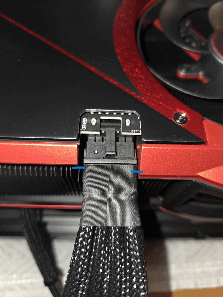 A closer look at the design flaw that prevents the 12VHPWR connector from having a snug fit on Asus's limited-edition RTX 5090 GPU (image source: r/Asus)