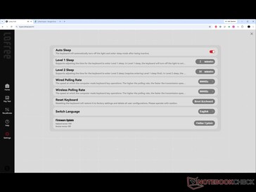 Settings for sleep, polling rate, and firmware update.