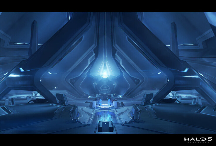 A vast interior chamber in Halo 5: Guardians emphasizes scale through towering Forerunner forms, reflective surfaces, and a restrained blue-white palette.