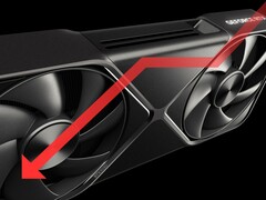 Nvidia RTX 5090 GPU with downward facing arrow to indicate performance drop.