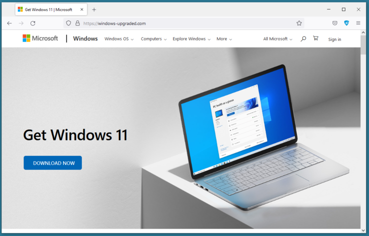 Dubious Windows 11 upgrade website contains RedLine Stealer malware. (Image: HP Threat Research Blog)
