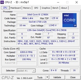 Intel Core i9-12900K. (Image source: CPU-Z Validator)
