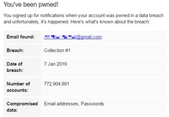 Collection #1 breach notification by Have I Been Pwned (Source: Personal email)