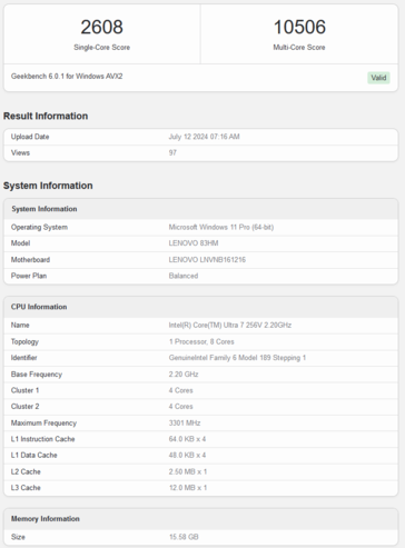 Intel Core Ultra 7 256V Geekbench score (image via Geekbench)