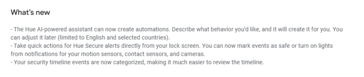 The release notes for Philips Hue app version 5.55. (Image source: Google Play Store)