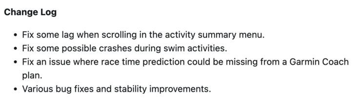 Garmin Forerunner 255 Software Version 27.09 changelog. (Image source: Garmin)