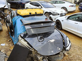 Damaged Tesla at a salvage yard