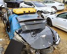 Damaged Tesla at a salvage yard