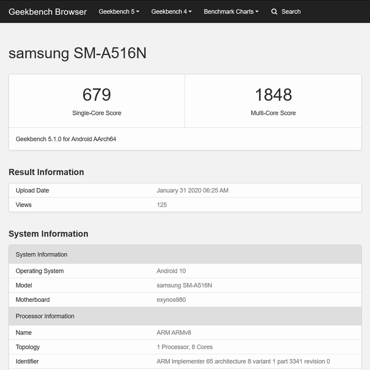 The "5G Galaxy A" on Geekbench 5. (Source: Geekbench)