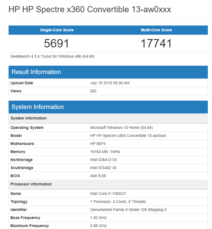 HP Spectre x360 Intel Core i7-1065G7 Ice Lake Geekbench score. (Source: Geekbench)