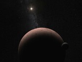 An artist's illustration showing an exoplanet, its moon, and a star.