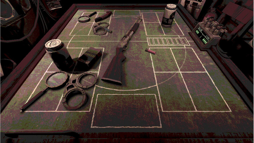 A screenshot from Buckshot Roulette that showcases the randomized items in the game. (Image Source: Steam)