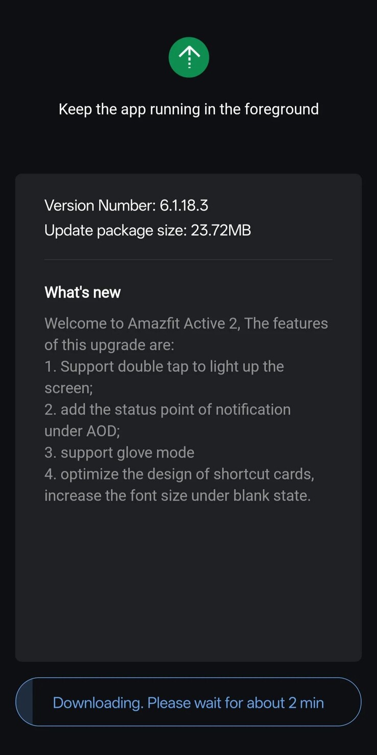 The release notes for sofware version 6.1.18.3 for the Amazfit Active 2. (Image source: u/cliffr39 via Reddit)