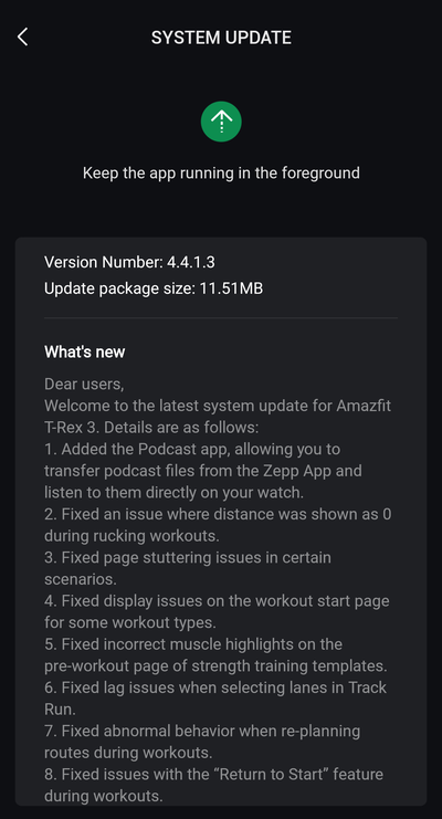 The release notes for software version 4.4.1.3 for the Amazfit T-Rex 3. (Image source: u/Ech0ke via Reddit)