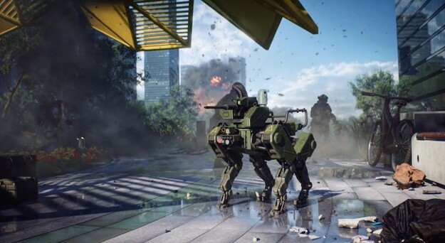 The robot dog in Battlefield 2042 looks suspiciously similar to the SPUR (Image: Battlefield / YouTube)