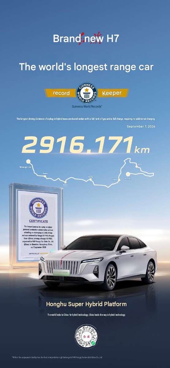 The Hongqi H7 range record's Guinness certificate