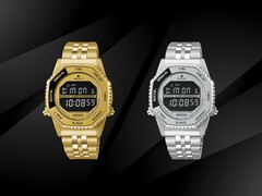 The Seiko Rotocall HFL003P in gold and HFL002P in stainless steel displayed side by side against a black background, each featuring a negative LCD screen, rotating function bezel, and integrated stainless steel bracelet.