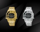 The Seiko Rotocall HFL003P in gold and HFL002P in stainless steel displayed side by side against a black background, each featuring a negative LCD screen, rotating function bezel, and integrated stainless steel bracelet.