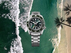 Seiko Prospex HBC001 diver’s watch with green dial and bezel displayed over an aerial beach and ocean background.