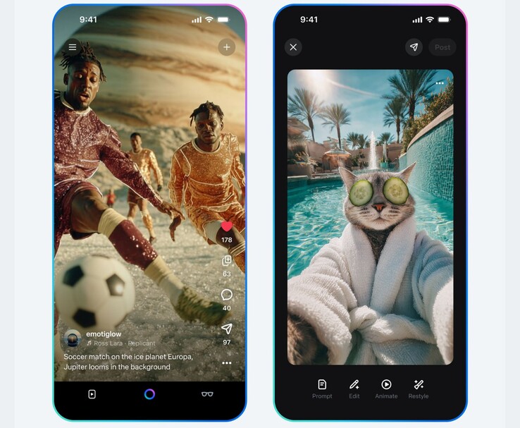 Meta Vibes AI video feed showing an AI-generated soccer match on Europa and a cat selfie in a spa robe by a pool. (Image source: Meta)