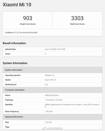 Xiaomi Mi 10. (Image source: Geekbench via Digital Chat Station)