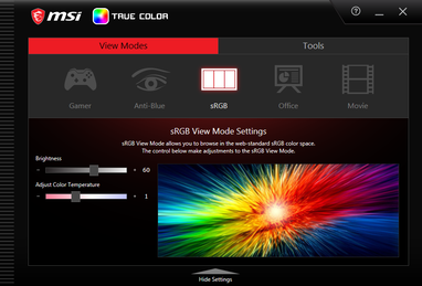 MSI True Color. The sRGB setting is not wholly reliable and the display is not calibrated at factory