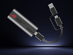 The ROG USB-C10G is a USB-C to 10GbE adapter. Pictured: a promo picture of the accessory with it's bundled cable.