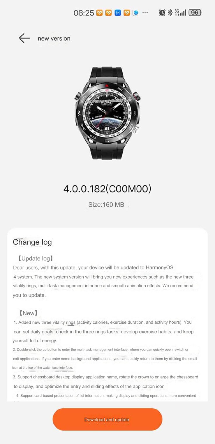 Part of the change log for Huawei Watch Ultimate software version 4.0.0.182(C00M00). (Image source: Huawei Central via Google Translate)