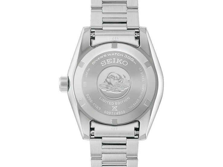 Caseback of the Seiko Prospex 1965 Heritage Diver showing the engraved wave mark, limited-edition text, and individual serial number.