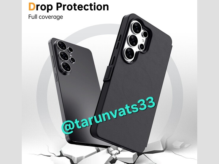 Mock up showing black variant of the Galaxy S26 Ultra (left) and a book style case (right). (Image source: Tarun Vats on X)