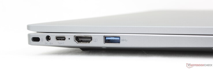 Left: Kensington lock, AC adapter, USB-C w/ DisplayPort + Power Delivery, HDMI 1.4, USB-A 3.0