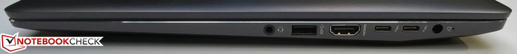 Right side: 3.5 mm stereo jack, USB 3.0, HDMI 1.4, 2x Thunderbolt 3, power