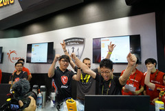 A shot of the action from the G.Skill booth. Toppc is the gentleman on the far left wearing glasses. (Source: G.Skill).