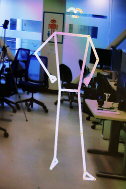 Instead of a person, the camera shows a stick figure that moves in the same way. (Image source: Brenda Ahearn, Michigan Engineering)